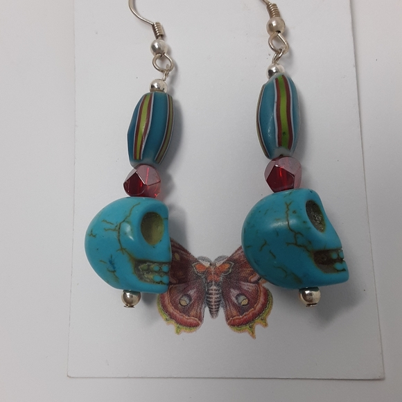 Handmade Skull Earrings With Repurposed Beads - Picture 2 of 8